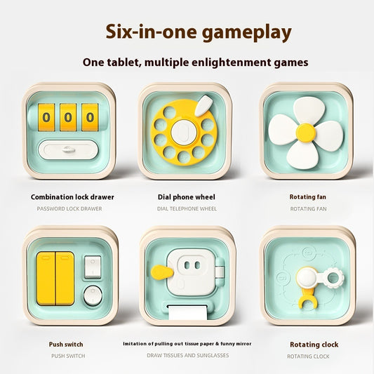Educational toy set with various interactive elements on a white background