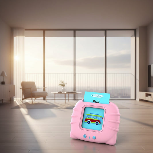 Child playing with educational toys, one pink and one blue, with text indicating learning mode and sound recognition.