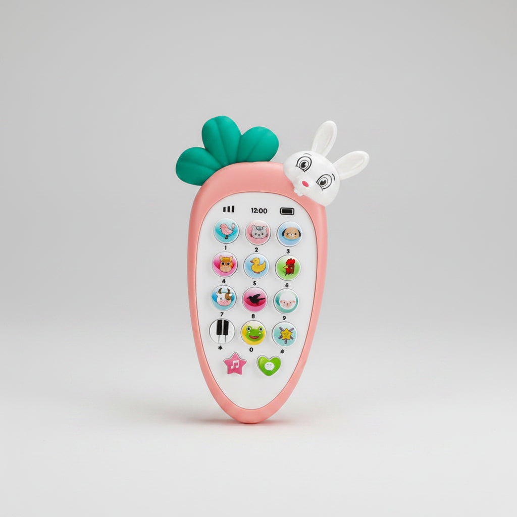 Children's toy telephone with colorful buttons on a pink background