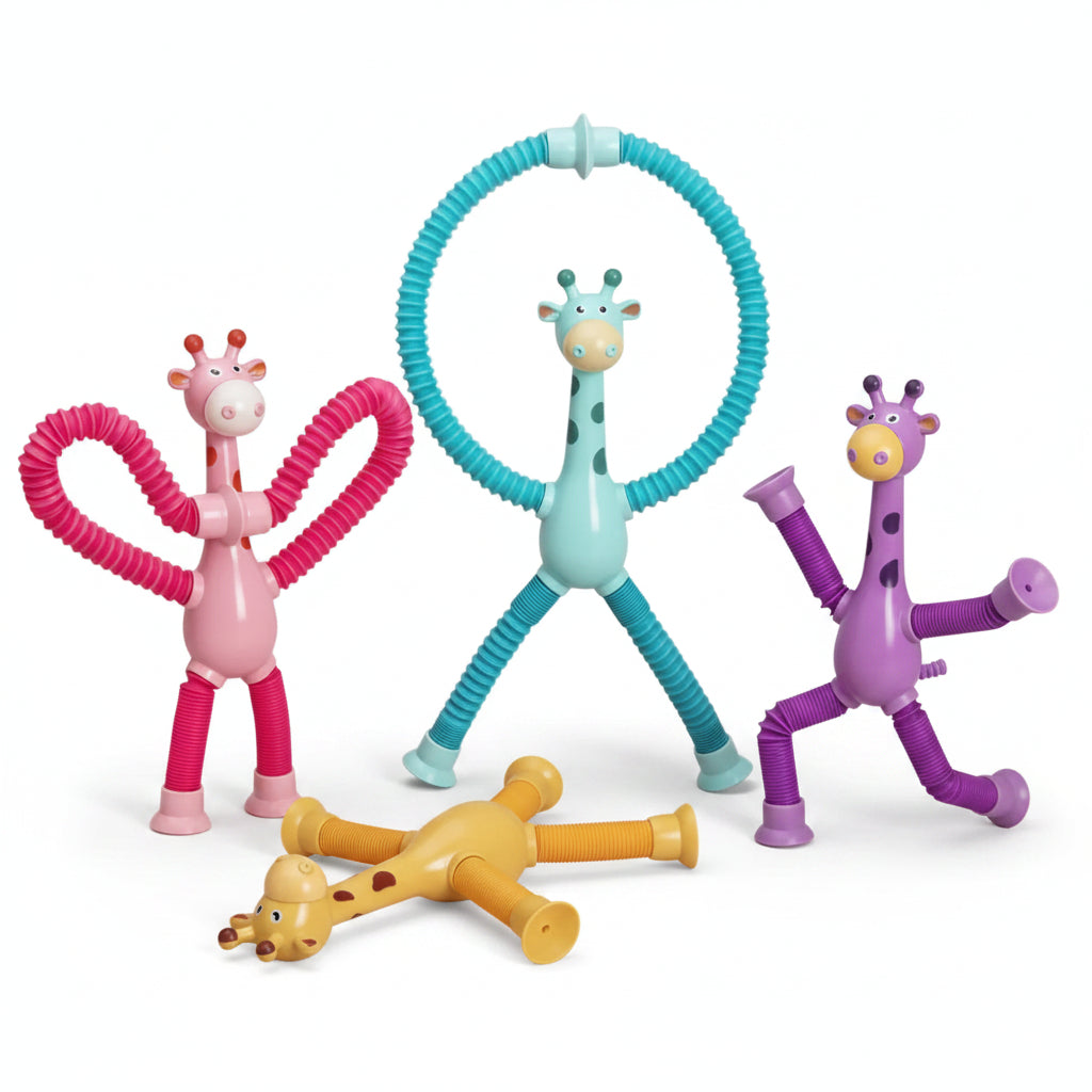 Colorful giraffe toys with spiral bodies on a beige background