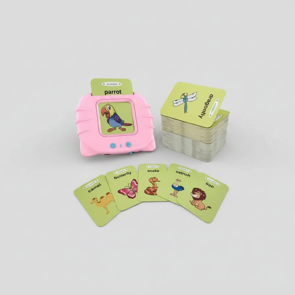 Educational card set with animal illustrations and a pink electronic device on a white background.