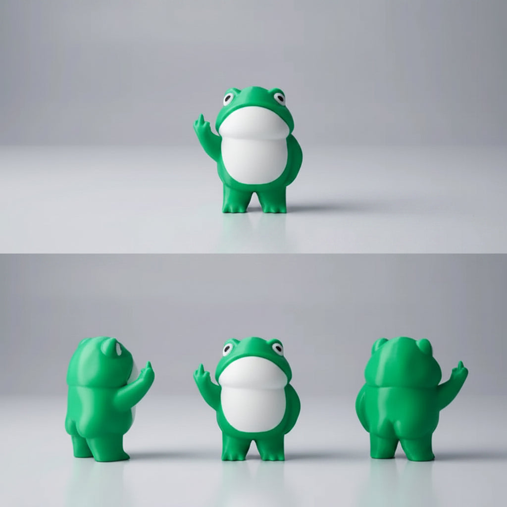 Green frog figurine on a textured surface with a blurred background