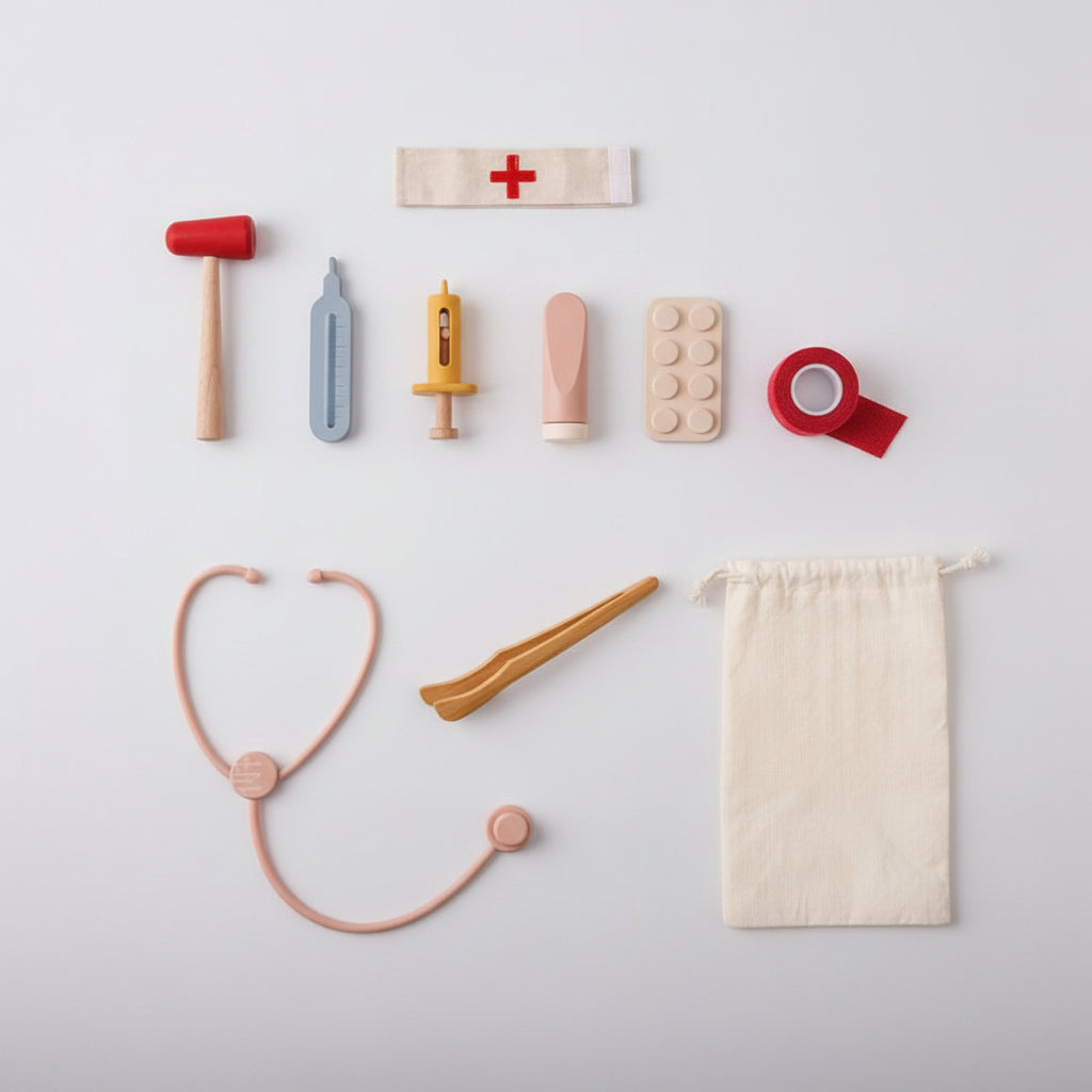 Set of medical-themed toys with measurements and a pouch on a white background