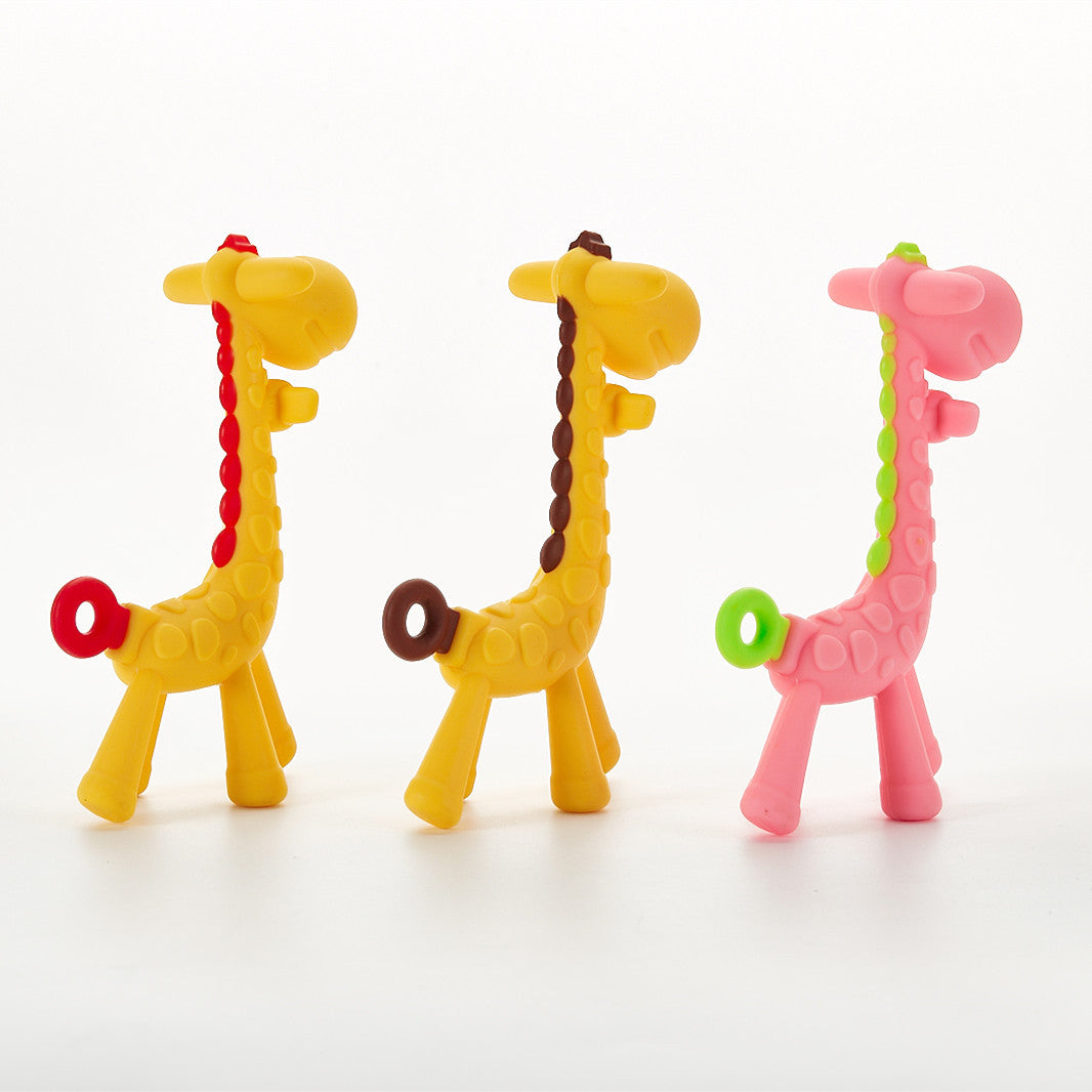 Three giraffe-shaped toys in yellow, brown, and pink on a white background