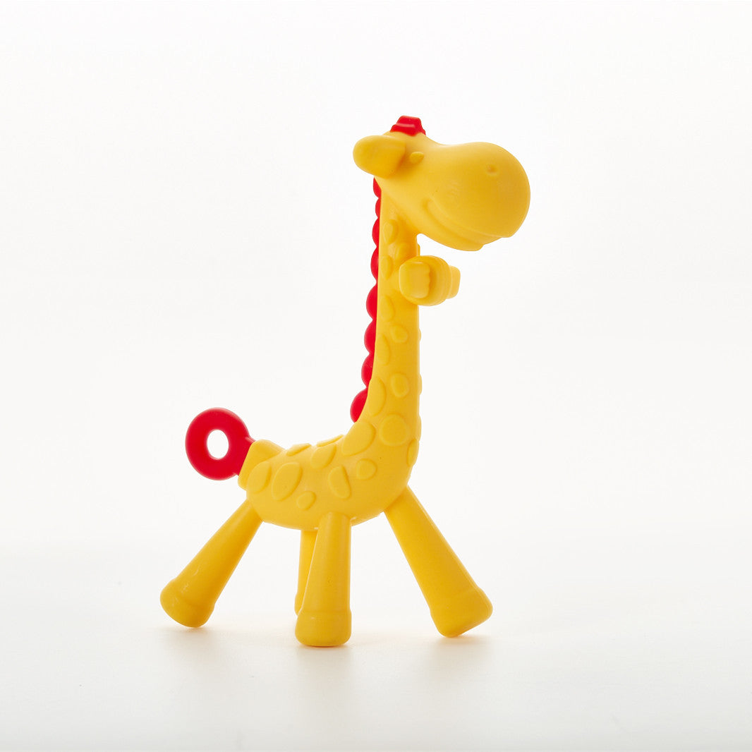 Yellow giraffe-shaped toy with red accents on a white background