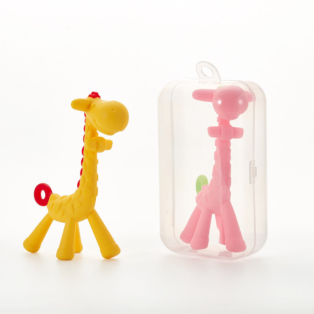 Yellow and pink giraffe-shaped teething toys with a clear case on a white background