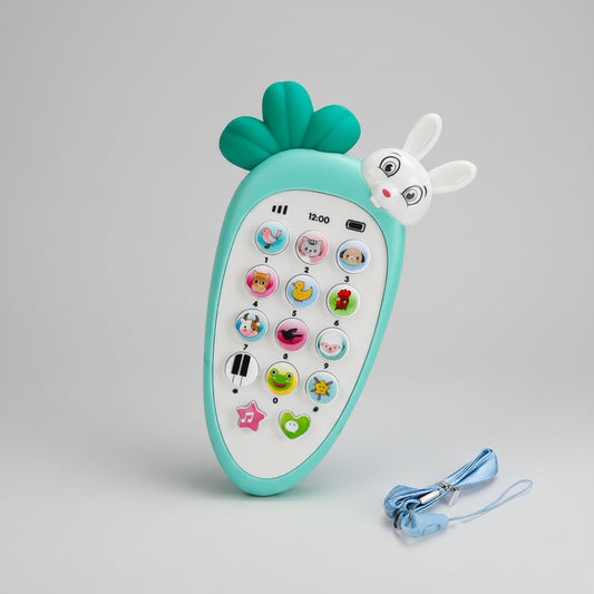 Toy phone with colorful buttons on a light blue background