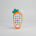 Carrot-shaped educational toy with buttons and a rabbit figure on an orange background