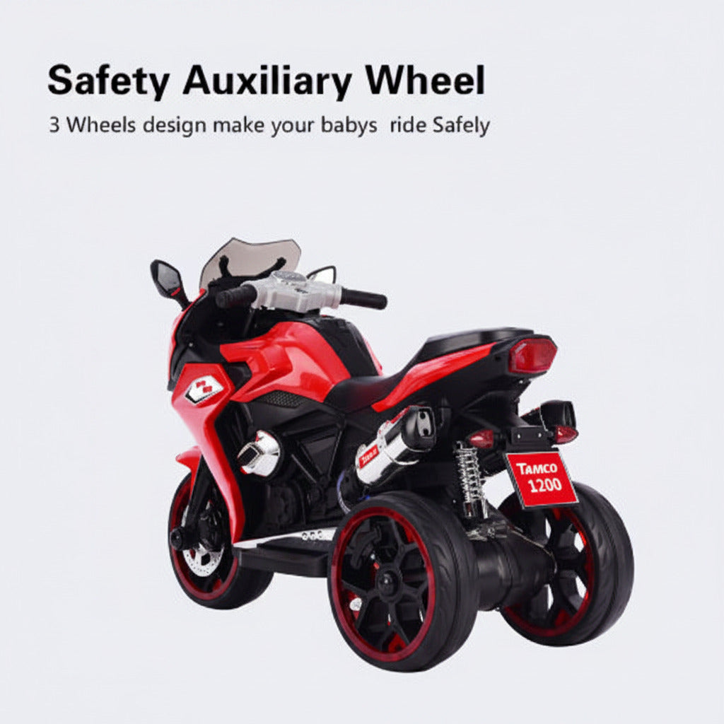 Red toy motorcycle with safety auxiliary wheel on a white background