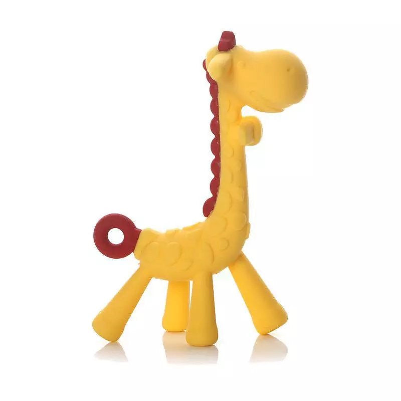 Yellow giraffe-shaped teething toy with red accents on a white background