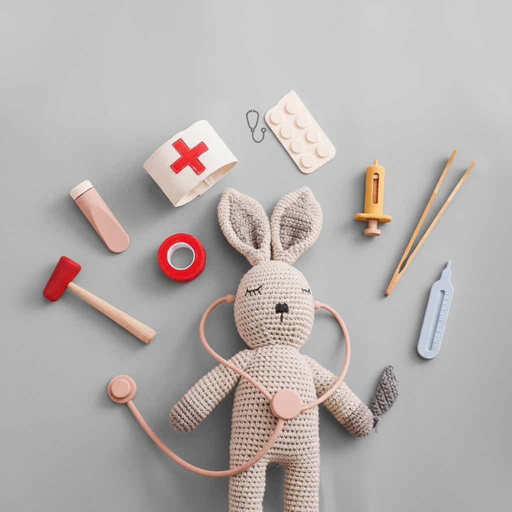 Crocheted rabbit toy with medical tools on a beige background