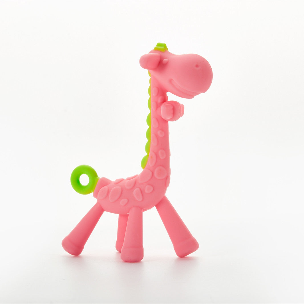 Pink giraffe-shaped teething toy on a white background