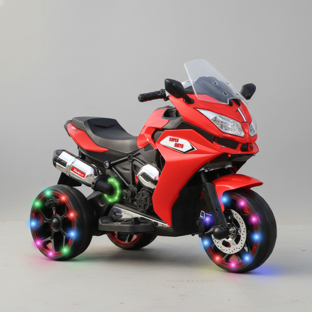 A red and black toy sport motorcycle with colorful LED lights on the wheels, shown from a three-quarter front angle on a white background.