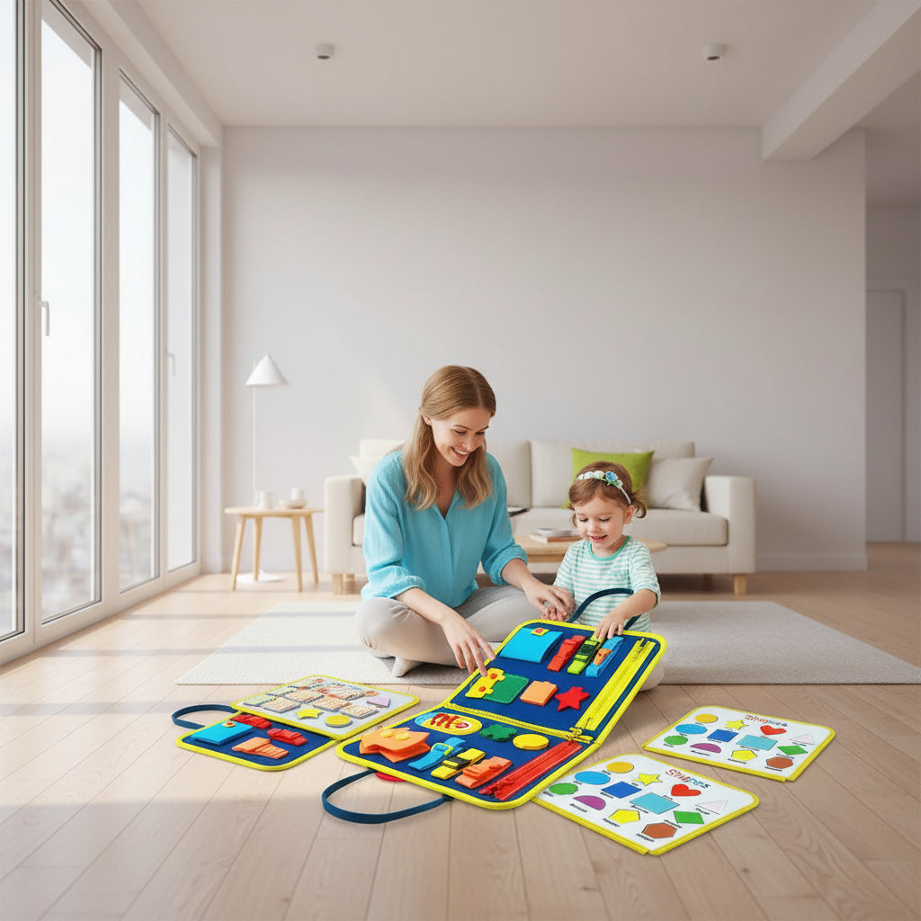 Children's educational toy with colorful shapes and learning charts, used by two children.