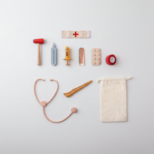 Medical kit with various components and dimensions on a white background