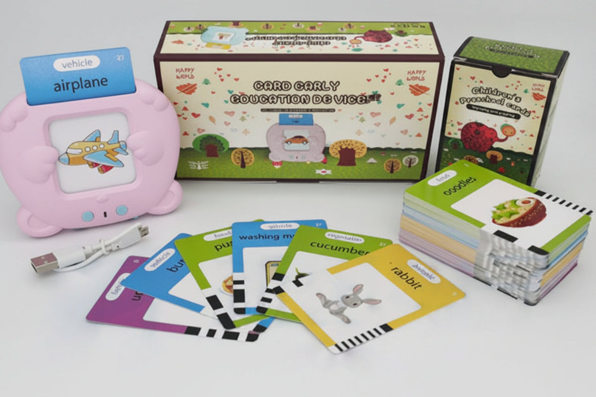 Educational children's product with cards, toy airplane, and packaging on a white background